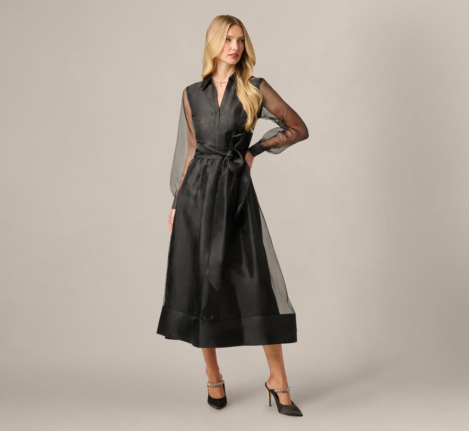 midi black dress with sleeves Black Long Sleeve Organza Collared Ankle Length Midi Dress