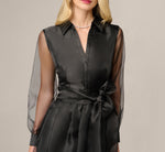 Long Sleeve Organza Collared Ankle Length Midi Dress In Black 3