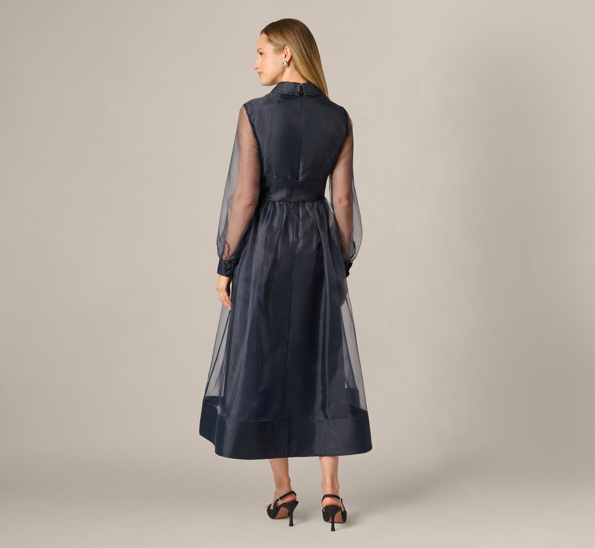Midnight Long Sleeve Organza Collared Ankle Length Midi Dress