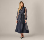 Long Sleeve Organza Collared Ankle Length Midi Dress In Midnight 2