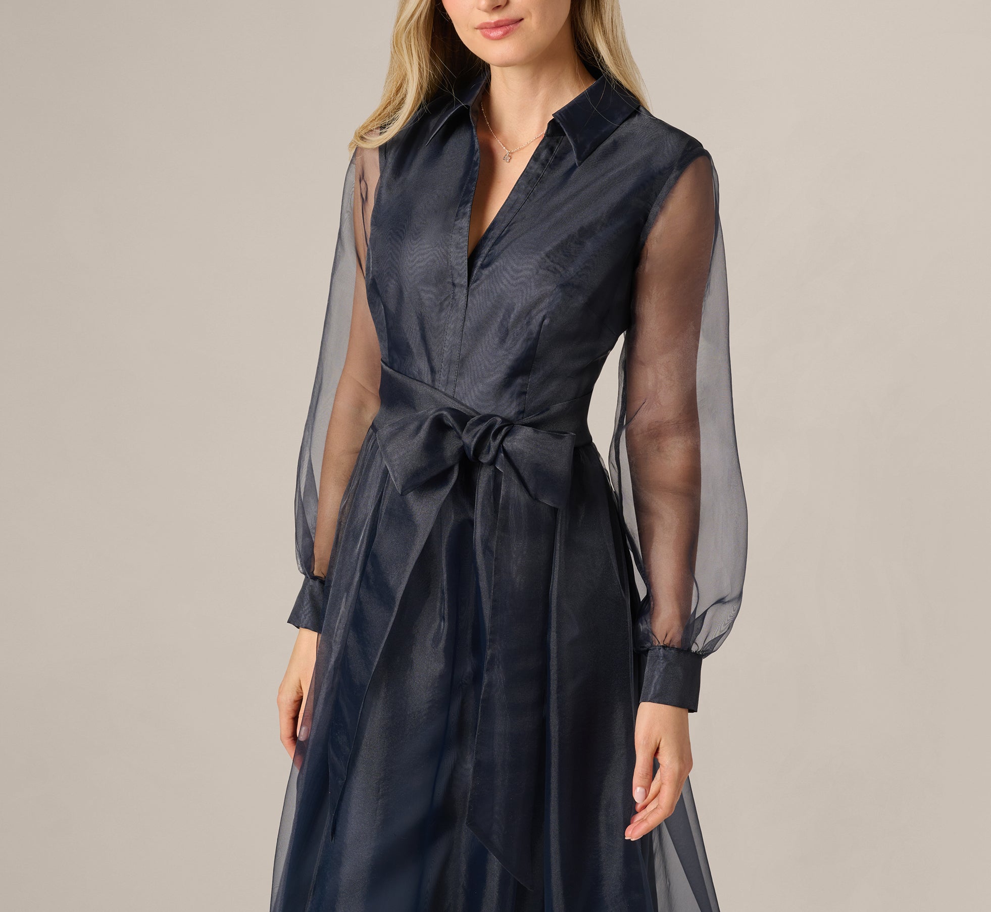 Midnight Long Sleeve Organza Collared Ankle Length Midi Dress