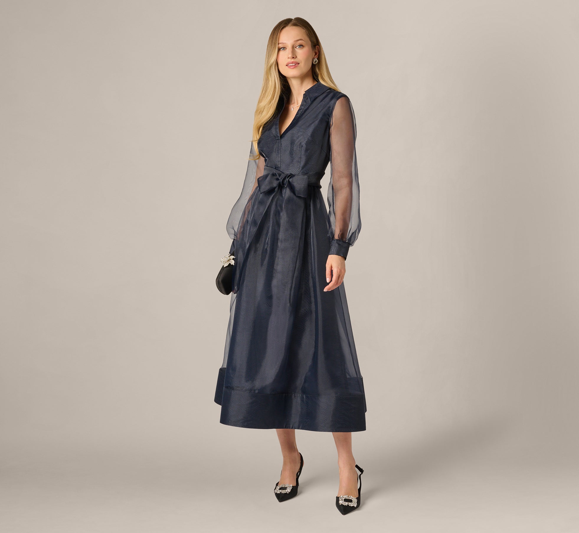 Long Sleeve Organza Collared Ankle Length Midi Dress In Midnight 1