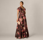 Short Sleeve Rose Floral Ballgown In Brown Multi 1