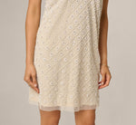 Floral Lattice Beaded Bow Trim Shift Dress In Ivory Pearl 4