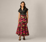 Petite Cap Sleeve Taffeta Floral Jacquard Combo Dress In Black Pink Multi 2