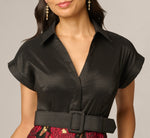 Petite Cap Sleeve Taffeta Floral Jacquard Combo Dress In Black Pink Multi 4