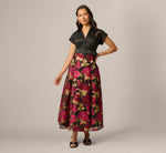 Petite Cap Sleeve Taffeta Floral Jacquard Combo Dress In Black Pink Multi 1