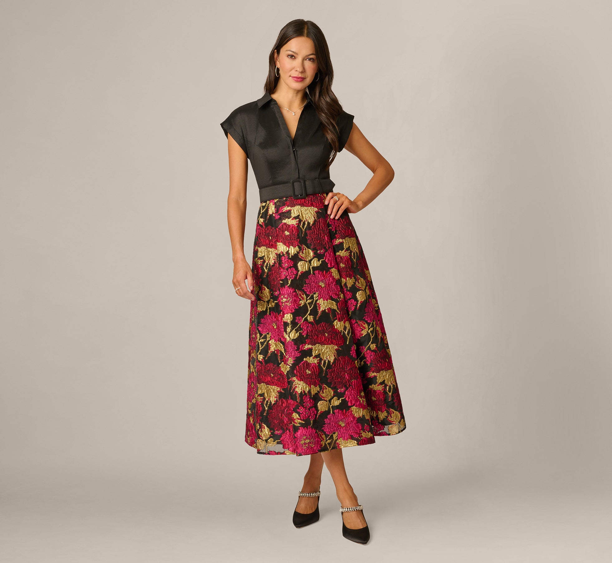 Cap Sleeve Taffeta Floral Jacquard Combo Dress In Black Pink Multi 1