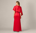 Satin Beaded Collar Asymmetrical Cape Gown In Red 5