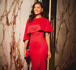 Satin Beaded Collar Asymmetrical Cape Gown In Red 1