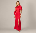 Satin Beaded Collar Asymmetrical Cape Gown In Red 2
