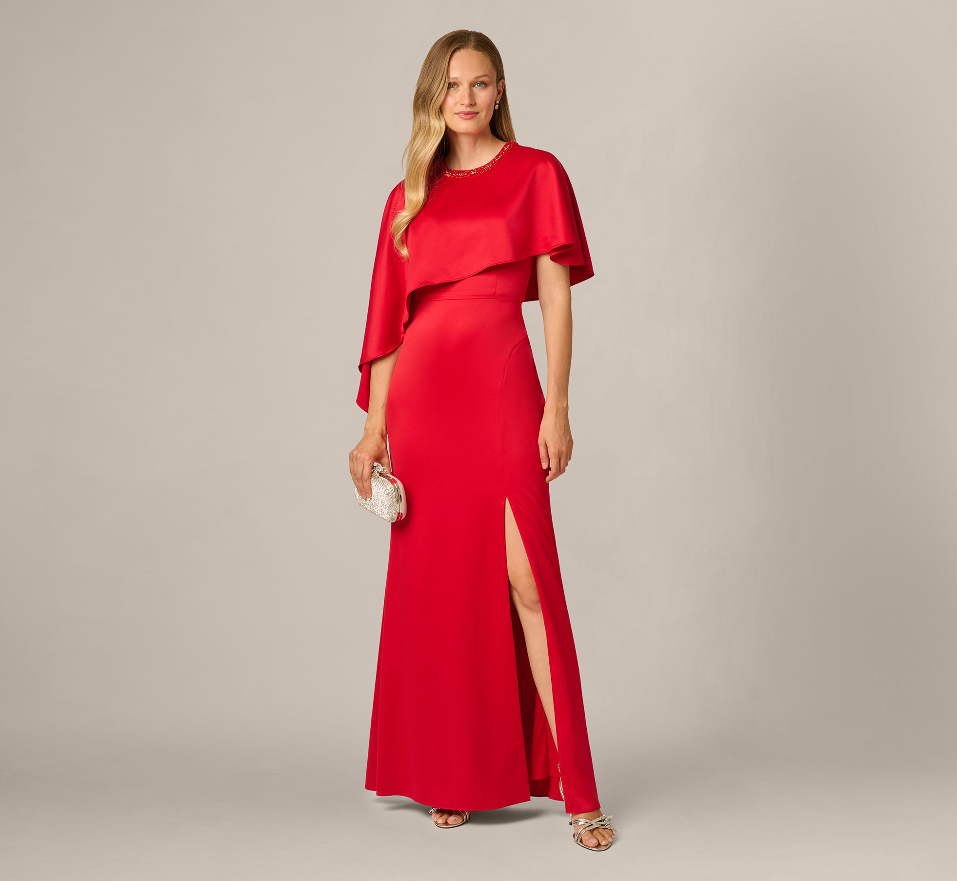 Satin Beaded Collar Asymmetrical Cape Gown In Red 1