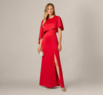 Satin Beaded Collar Asymmetrical Cape Gown In Red 1