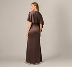 Satin Beaded Collar Asymmetrical Cape Gown In Dark Brown 5