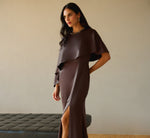 Satin Beaded Collar Asymmetrical Cape Gown In Dark Brown 1