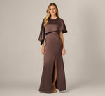 Satin Beaded Collar Asymmetrical Cape Gown In Dark Brown 2