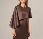 Satin Beaded Collar Asymmetrical Cape Gown In Dark Brown 3