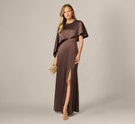 Satin Beaded Collar Asymmetrical Cape Gown In Dark Brown 1