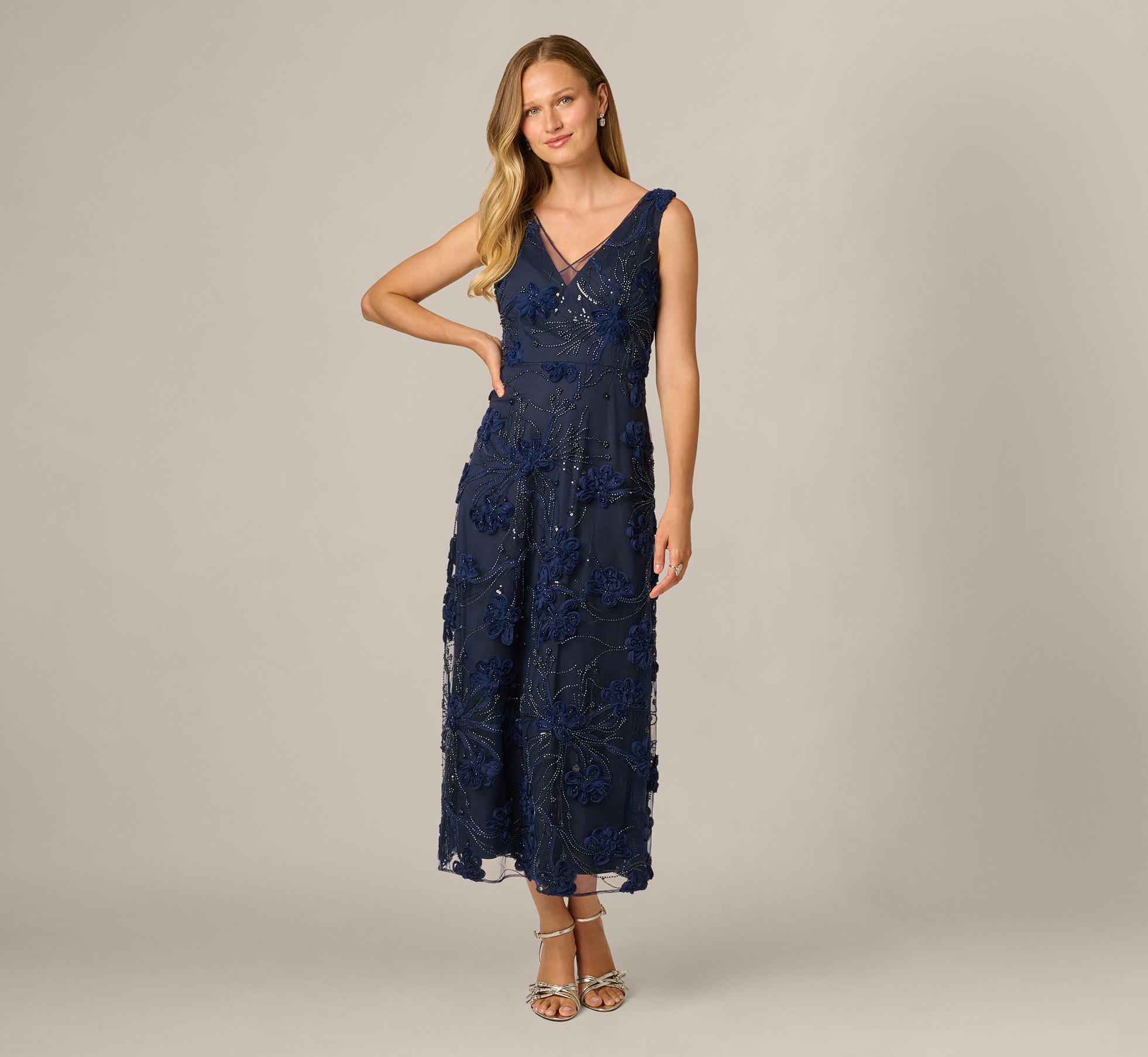 Beaded Floral Soutache Embroidery Ankle Length Dress In Navy 1