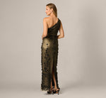 One Shoulder 3D Floral Sequin Beaded Gown In Black Gold 5
