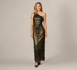 One Shoulder 3D Floral Sequin Beaded Gown In Black Gold 2