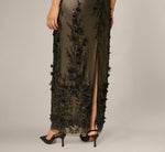 One Shoulder 3D Floral Sequin Beaded Gown In Black Gold 4