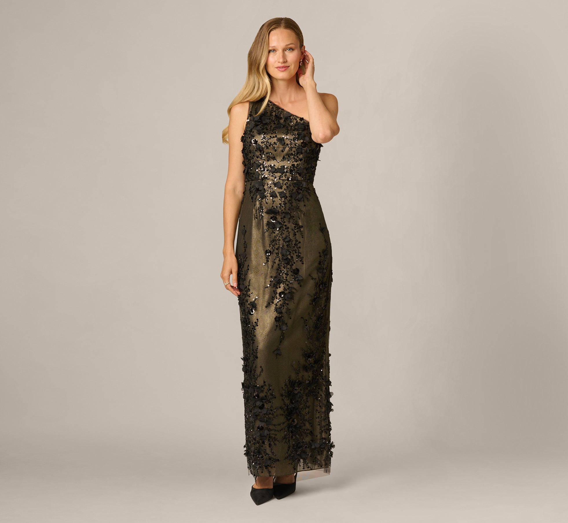 One Shoulder 3D Floral Sequin Beaded Gown In Black Gold 1