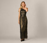 One Shoulder 3D Floral Sequin Beaded Gown In Black Gold 1