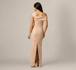 Origami Bow Shoulder Jacquard Column Gown In Champagne Multi 5