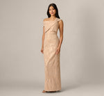 Origami Bow Shoulder Jacquard Column Gown In Champagne Multi 2