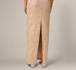 Origami Bow Shoulder Jacquard Column Gown In Champagne Multi 4