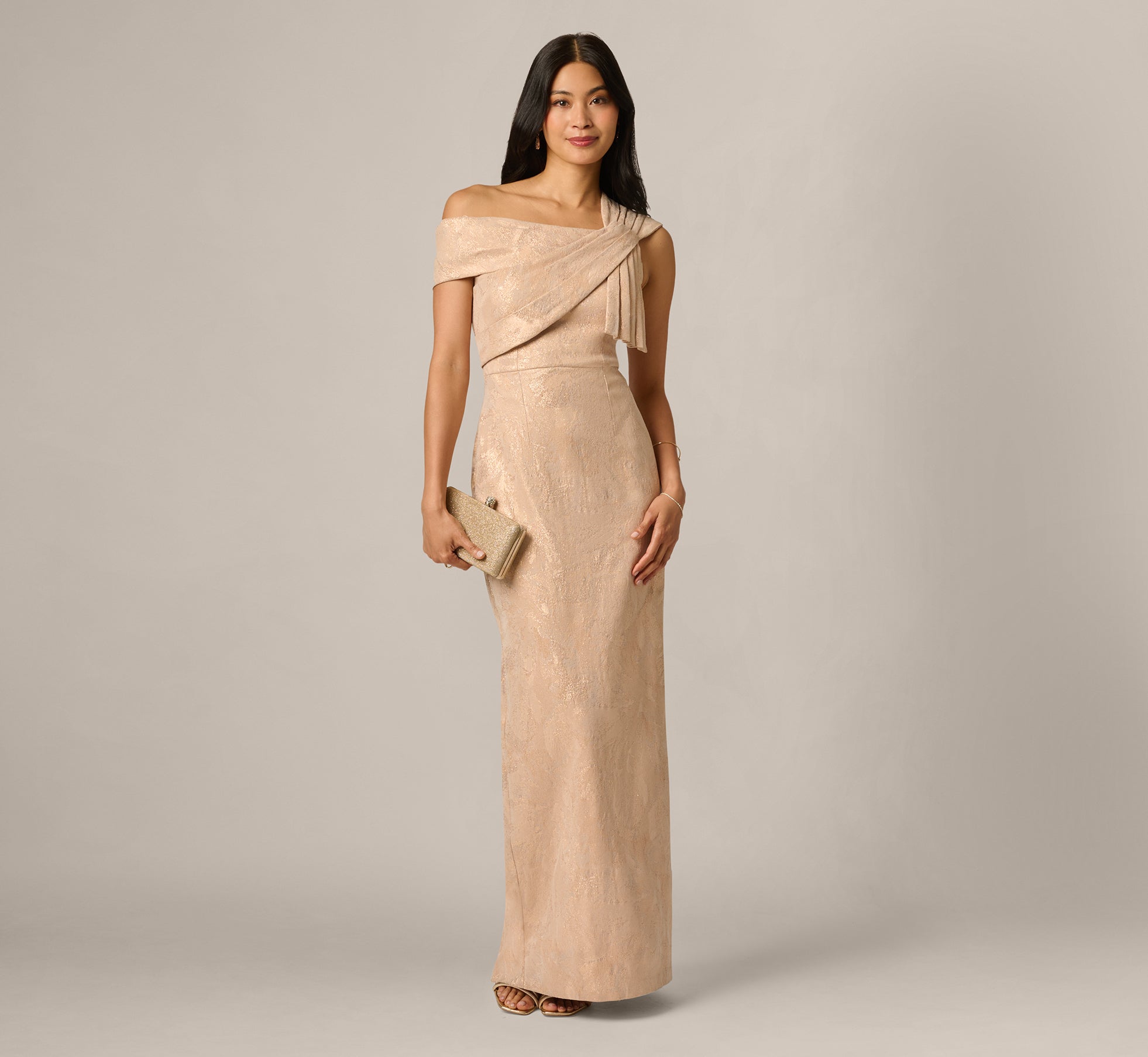 Origami Bow Shoulder Jacquard Column Gown In Champagne Multi 1