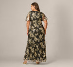 Plus Size Short Sleeve Metallic Floral Stretch Lace Draped Gown In Black Gold 5