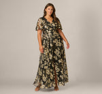 Plus Size Short Sleeve Metallic Floral Stretch Lace Draped Gown In Black Gold 2