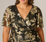 Plus Size Short Sleeve Metallic Floral Stretch Lace Draped Gown In Black Gold 3