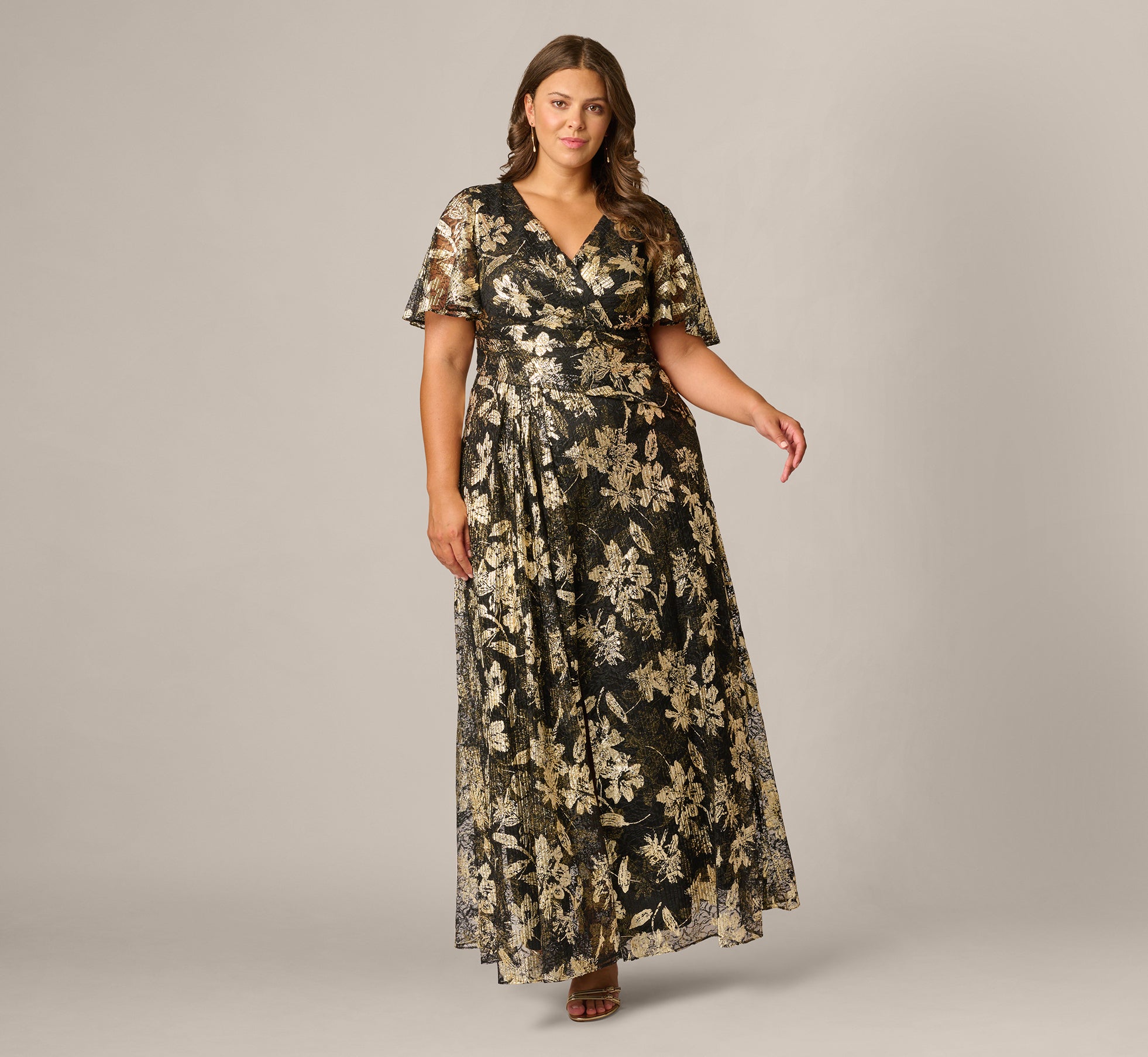 Plus Size Short Sleeve Metallic Floral Stretch Lace Draped Gown In Black Gold 1