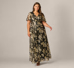 Plus Size Short Sleeve Metallic Floral Stretch Lace Draped Gown In Black Gold 1