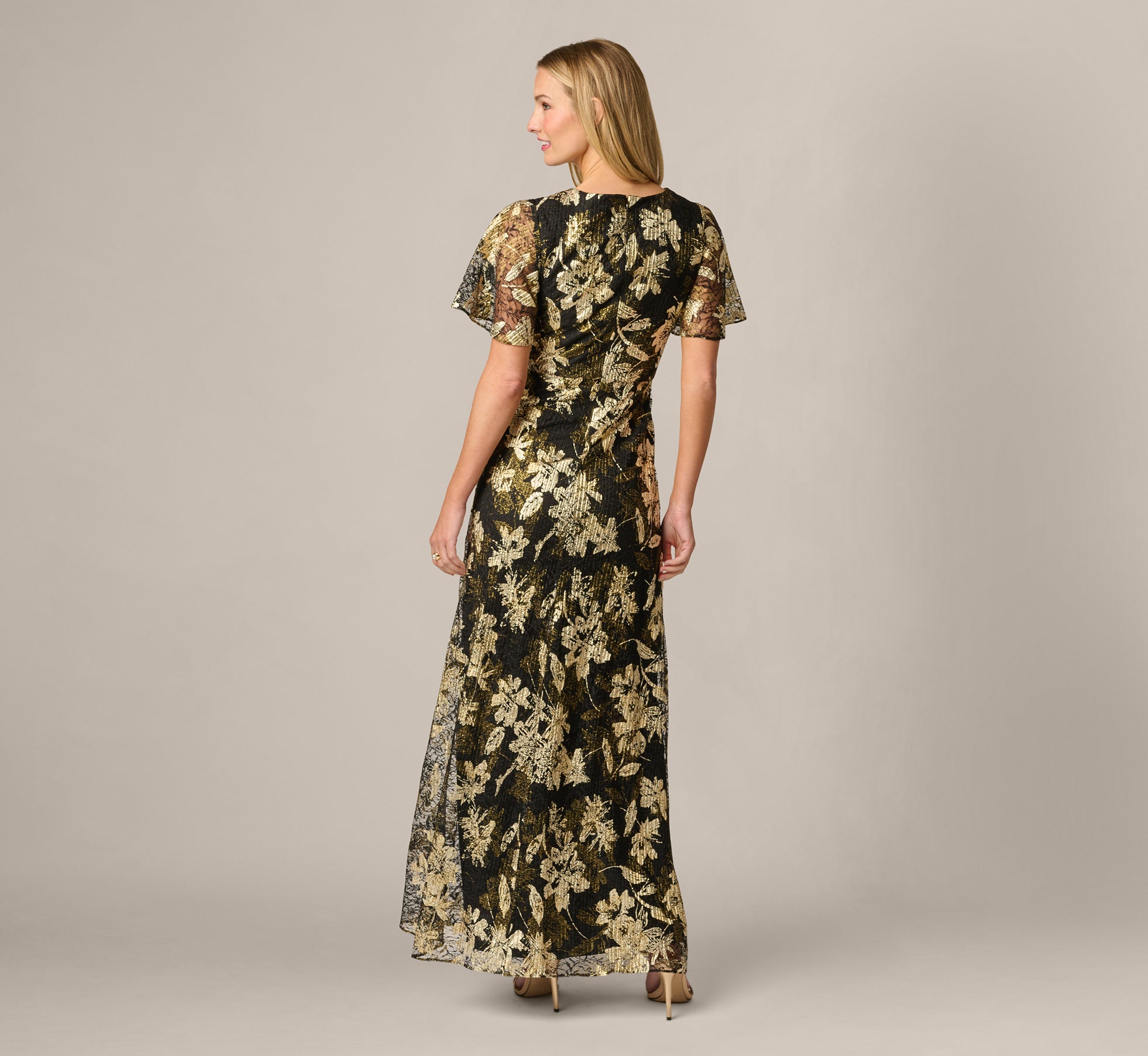 adrianna papell gold lace dress Short Sleeve Metallic Floral Stretch Draped Gown In Black Gold, Black/Gold / Regular / 16 clearance girls