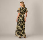Short Sleeve Metallic Floral Stretch Lace Draped Gown In Black Gold 5