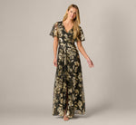 Short Sleeve Metallic Floral Stretch Lace Draped Gown In Black Gold 2