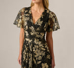 Short Sleeve Metallic Floral Stretch Lace Draped Gown In Black Gold 3