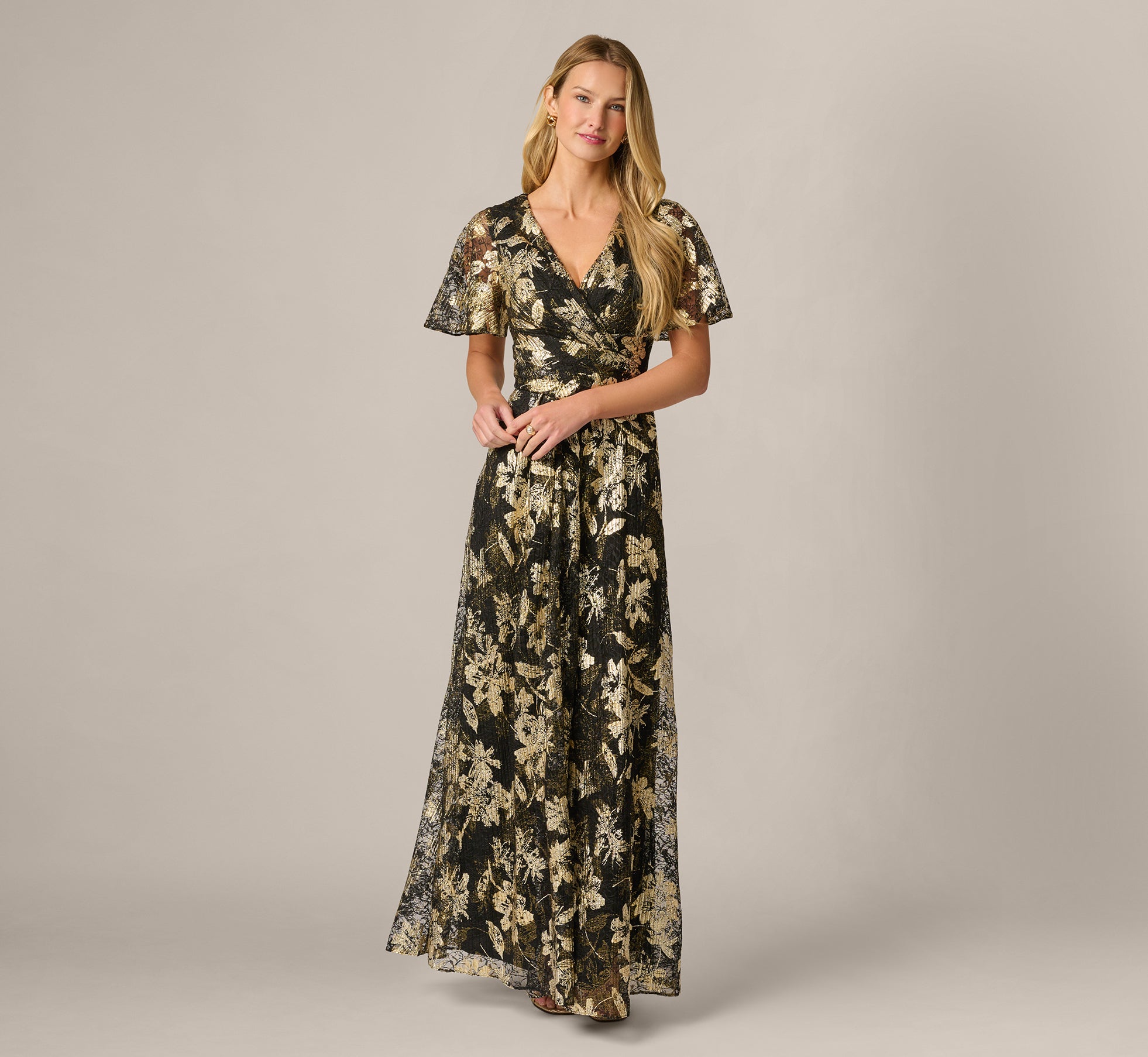 Short Sleeve Metallic Floral Stretch Lace Draped Gown In Black Gold 1