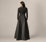 Long Sleeve Sash Belt Tuxedo Combo Gown In Black 5