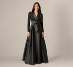 Long Sleeve Sash Belt Tuxedo Combo Gown In Black 2