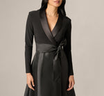Long Sleeve Sash Belt Tuxedo Combo Gown In Black 4
