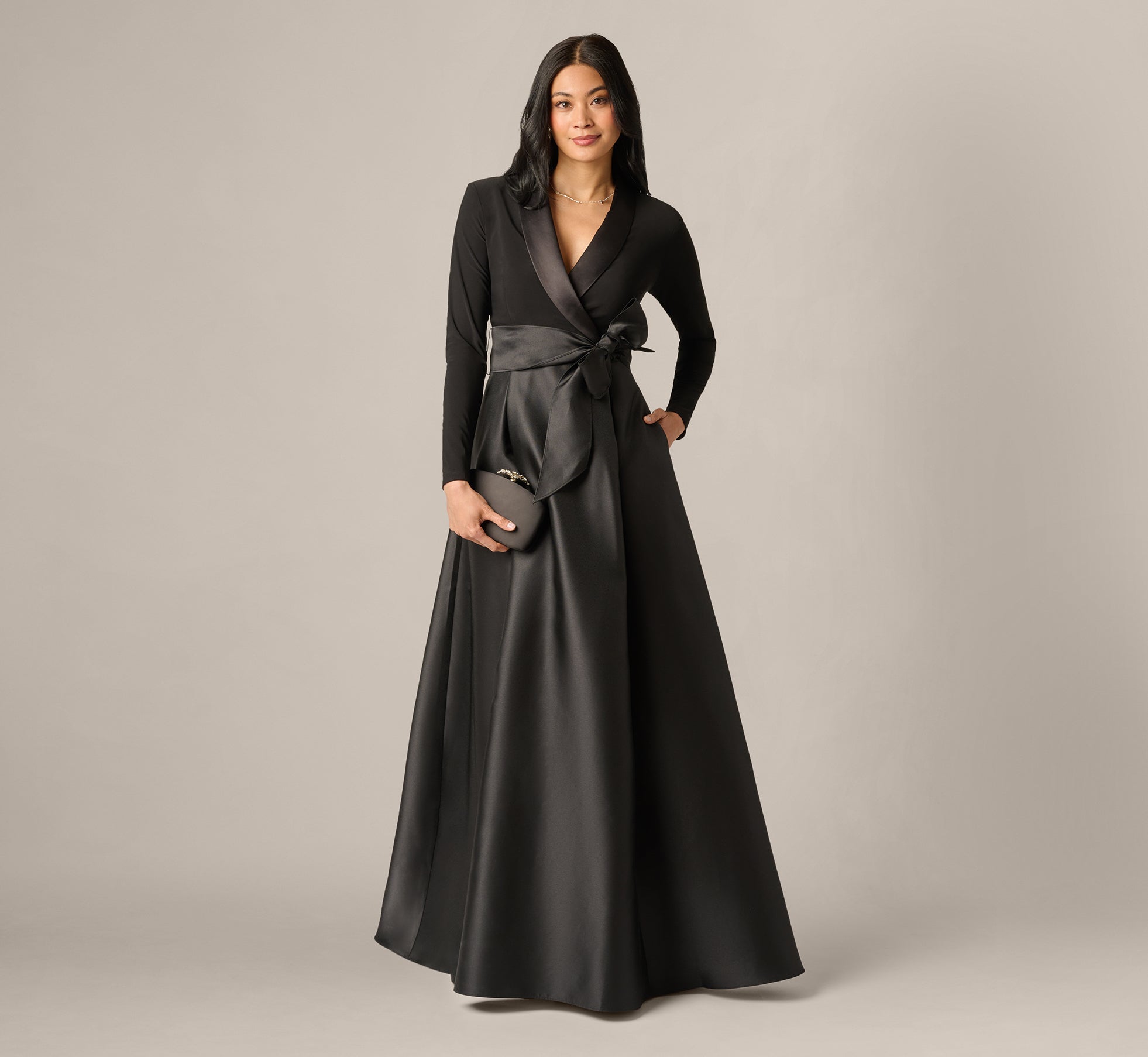 Long Sleeve Sash Belt Tuxedo Combo Gown In Black 1