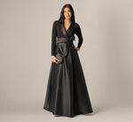 Long Sleeve Sash Belt Tuxedo Combo Gown In Black 1