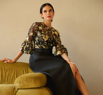 Bell Sleeve Sequin Embroidered Combo Gown In Black Gold 1