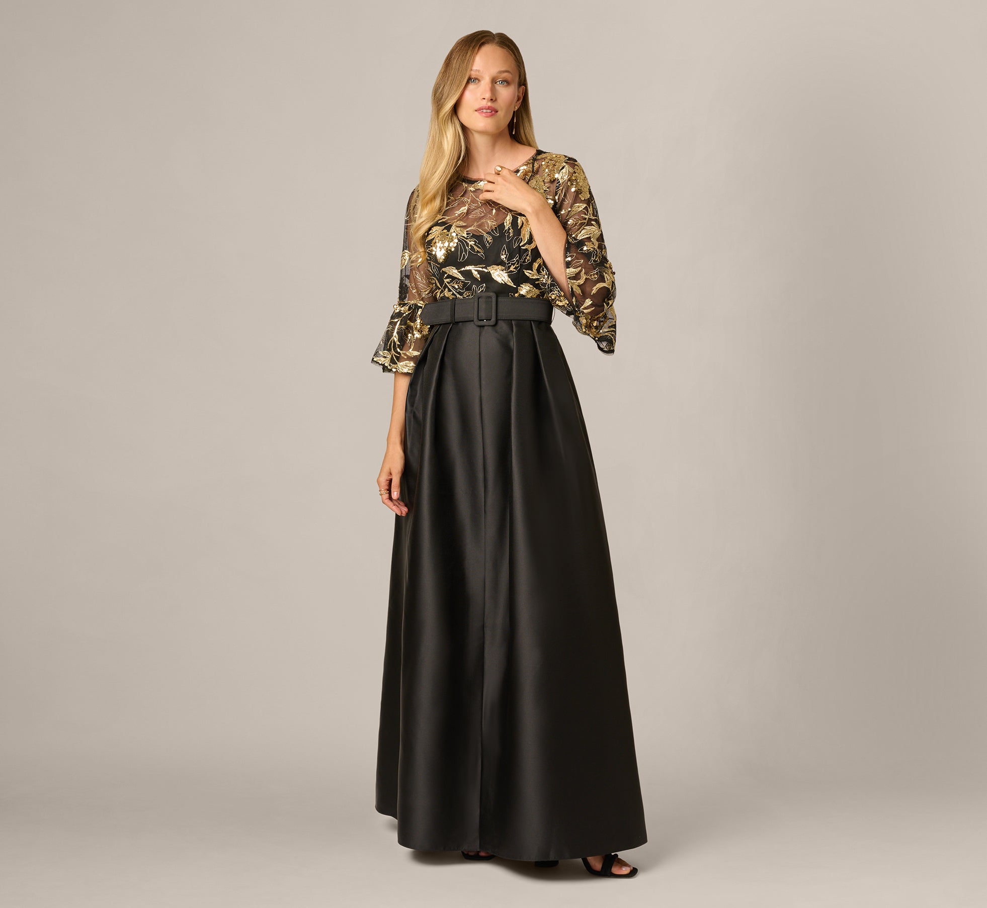 Bell Sleeve Sequin Embroidered Combo Gown In Black Gold 1