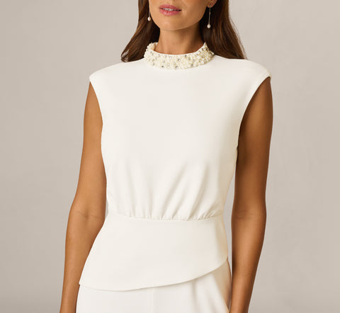 White Pearly Collar Extended Shoulder Peplum Jumpsuit - Adrianna Papell